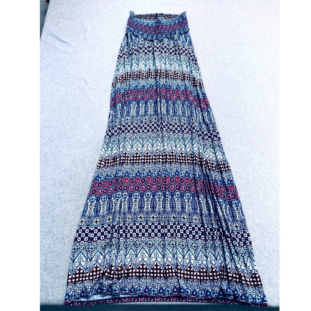 Motherhood Maternity Maxi Skirt Womens S Blue Medallion Smocked Boho Skirt Flowy